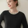 Macio como Nuvens, Tricô de Caxemira com Gola Pérola para Mulheres, Tricô Básico Solto de Manga Longa para Outono e Inverno, Tricô com Gola Redonda e Ponto Diamante