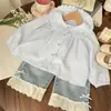 Camisa xadrez azul com gola bordada de margaridas de bebê, fresca para a primavera, top infantil para meninas