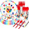 Nuevos Accesorios de Decoración para Fiesta de Cumpleaños Tema de Puntos Coloridos Plato de Papel Desechable Servilleta Bandera de Tirar Cortina de Lluvia de Seda