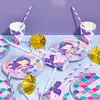 Fiesta de Cumpleaños Temática de Sirena de Dibujos Animados para Niños Plato de Papel con Escamas de Pez Taza de Papel Servilleta de Papel Mantel La Decoración de Bandera