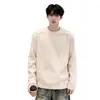 Moletom pesado cinza com estampa floral branca estilo americano para homens, camiseta de manga longa de outono com corte cleanfit desconstruído no ombro direito, camiseta básica de camada interna