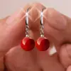 Aretes de Perla Estilo Coreano Gancho de Plata 925 Moda Simple Perla Roja Forma de Gota Gancho para Oreja