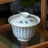 Tigela Gai de Poesia Ercai Azul e Branco Escrita à Mão Shanding Poesia de Inscrição em Quarto Shabby Tigela de Chá Doméstica Vintage Tigela de Chá Doméstica de Cerâmica