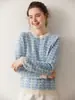 Suéter de Cashmere Macio com Gola Redonda Estilo Coreano para Mulheres, Suéter Interno Solto Macio e Ceroso como uma Nuvem, Suéter de Lã Jacquard Versátil em Contraste