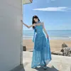 Vestido maxi playero vintage, único, súper elegante, entallado a la cintura, adelgazante, sin tirantes, vestido estilo vacación junto al mar, Verano 2026