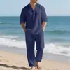 2025 Nuevo Conjunto de Dos Piezas para Hombre Transfronterizo Europeo y Americano Suelto de Lino Manga Larga Pantalón Largo Moda Deportiva Casual Conjunto de Ropa para Hombre