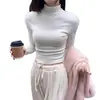2025 Nova Cor Pura Brilho Puro Sexy Justa Emagrecedora Look Pequeno Gola Alta Manga Longa Camiseta Top