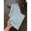 Calça de Pijama Feminina Miss Bunny Estilo Preguiçoso Floral Azul Wide-Leg Verão Caimento Fluido Casual Longa Adequada para Uso em Casa e ao Ar Livre