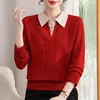 Suéter de tricô falso duas peças com gola para mulheres de meia-idade e idosas, top estiloso para primavera e outono, blusa básica da moda de caimento solto, suéter