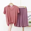 Traje de dos piezas para mujer, verano 2023, nuevo, modal, talla grande, cuello en V, fino, para casa, ropa exterior, casual, color liso
