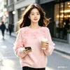 Suéter de tricô vintage estilo francês para outono, com caimento solto, gola redonda e detalhes florais tridimensionais, branco, tamanho único, rosa