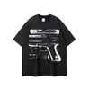 2025 Calle Retro Tinta Blanca Impresión Directa Lavado Estampado Top Oscuro Tendencia Marca Oscura Divertido Camiseta de Manga Corta Hombre Transfronterizo