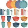 Conjunto de Talheres de Palha de Trigo Transfronteiriço para Comércio Exterior, Conjunto Completo de Talheres Portáteis de Plástico, Prato, Tigela de Arroz, Conjunto de Copos d'Água