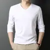 Nueva camiseta de manga larga para hombre de otoño con cuello redondo, color liso, camiseta base, camiseta básica de algodón mercerizado de manga larga para hombre
