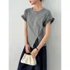 Camiseta de Manga Corta Azul Marino con Dobladillo Fruncido, Espalda Cruzada, Hombro Normal para Mujer, Verano 2025, Top Irregular Ajustado