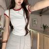 Camiseta de Manga Corta Bordada con Lazo para Mujer Verano Nuevo Estilo Dulce y Hot Ajustada Adelgazante Borde en Color de Contraste Top Chic para Mujer Ins
