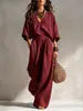 Conjunto de Lino Bohemio Europeo y Americano para Vacaciones Manga Corta con Escote en V Profundo Pantalones de Pierna Ancha Holgados Casual Conjunto de Dos Piezas Ropa de Mujer Transfronteriza