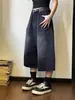 Calça Cropped Jeans Estilo Americano para Homens, Calça Média Lavada Retrô de Verão, Shorts Tendência Cool Largos Acima do Joelho