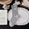 Calcetines Azules y Grises con Bloques de Color Estilo Coreano para Mujer, Calcetines de Media Pantorrilla, Calcetines de Algodón Peinado para Mujer, Calcetines Lindos de Perro de Dibujos Animados Japoneses Estilo Ins Modernos