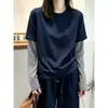 Camiseta Manga Longa Patchwork Listrada Falsa Duas Peças Feminina Outono 2026 Solta Modeladora Senso de Design Camiseta Básica Cartoon