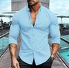 Camisa de Manga Larga de Color Sólido para Hombre Nueva de Primavera y Otoño Transfronteriza Europea y Americana Waffles Casual Solapa Camisa Top Ropa de Hombre
