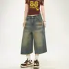 Jeans Rasgado Cropped Estilo Retrô Americano para Mulheres, Novo Modelo de Verão 2026, Visual Desgastado e Vintage, Caimento Solto, Calça Reta Emagrecedora