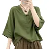 Ropa de Té Zen Corta Holgada de Manga Tres Cuartos y Cuello en V de Principios de Otoño Talla Grande Nuevo Estilo Chino Botón de Rana Top de Algodón para Bebé Mujer