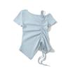 6018-25 Primavera Novo Estilo Coreano Menina Estilo Puro Desejo Sexy Ombro a Ombro Assimétrico Cordão Alça Manga Curta Camiseta