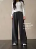 32100 # Nova coleção de outono: Calças leves, quentes, de perna reta com cordão, design de perna larga, cintura alta, cor sólida versátil e um estilo fluido e casual para mulheres