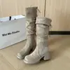 Botas apiladas de gamuza estilo coreano con tacón grueso, botas de montar de caña alta plisadas para otoño e invierno, botas de moda elegantes y que estilizan, botas largas versátiles