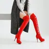 Botas compridas de couro patente para outono e inverno, bico redondo, plataforma impermeável, salto ultralongo, botas femininas plus size, salto fino, zíper lateral, botas over-the-knee de comércio exterior