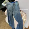 2026 Calça Jeans Azul Escuro de Corte Reto Feminina Primavera Versátil Degradê Comprimento Total Cintura Alta Modeladora Calça com Pedraria Hot-fix Feminina