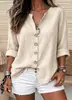 Roupas Femininas Transfronteiriças Europeias e Americanas Camisa de Algodão e Linho Cor Sólida com Decote em V Feminina Solta Casual Cardigan de Botão Único Top Manga Longa Versátil