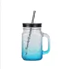 Em estoque copo de vidro Mason copo para bebidas copo de vidro quadrado com alça copo para drinks copo para milkshake copo para bebidas copo com canudo copo de gelo crisântemo