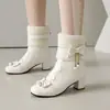 24 Otoño Invierno 40-48 Comercio Exterior Transfronterizo Tallas Grandes Botines para Mujer Lazo Lolita Bordados Tacón Grueso Botines para Mujer