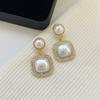 Pendientes Cuadrados de Plata S925 con Púa de Diamante y Perla Varios Pendientes Franceses Simples Elegantes de Moda Pendientes de Gama Alta de Celebridad de Internet