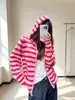 2026 Nuevo Cárdigan de Punto con Rayas Bordadas de Stickman con Capucha para Mujer, Chaqueta Holgada con Cremallera, Suéter Casual