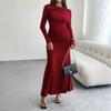 Ropa Europea y Americana de Amazon Otoño e Invierno 2024 Transfronteriza Vestido Elegante de Color Puro con Cuello de Una Línea que Cubre la Cadera
