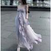 Madera Muerta Fengchun/Vestido de Tirantes de Gasa Fruncida para Mujer, Vestido Largo de Verano para Vacaciones, Vestido de Hada, Nuevo para Mujer 2025