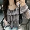 Blusa de Encaje con Volantes Nueva 2026 para Mujer, Nuevo Estilo Pure Desire Adelgazante de Encaje con Retazos para Principios de Otoño