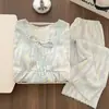 Conjunto de pijama de verano para mujer con copas en el pecho, manga larga y pantalón largo, estampado floral, lujosa ropa de casa de algodón nube con ribete de encaje
