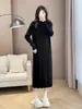 Vestido de Punto Recto Holgado Otoño Invierno para Mujer Cuello Semi Alto de Longitud Media por Encima de la Rodilla Capa Interior Capa Base Vestido de Lana con Borlas