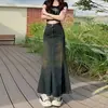 Falda Vaquera Vintage Americana para Mujer Otoño Nueva Cintura Alta Adelgazante Longitud Media Falda de Línea A Ajustada Falda de Cola de Pez para Cadera