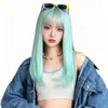Peluca Nuevo Producto de Tiktok para Mujeres con Flequillo, Cabello Liso de Longitud Media Color Verde Menta, Peluca Hecha a Máquina de Fibra de Alta Temperatura, Venta al por Mayor de Una Pieza