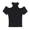 Fotografía callejera de chicas europeas y americanas calientes Chicas calientes Pecho hueco sexy Cuello medio alto Manga corta Nueva camiseta base ajustada adelgazante