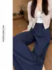 Calça Social Feminina Azul Marinho 2026 Nova Outono Slim Fit para Mulheres Baixas Reta Solta Casual de Perna Larga
