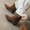 Botines Cortos de Piel de Vaca con Flecos para Mujer, Botines de Tacón Medio Grueso, Nuevo Estilo Otoño e Invierno, Botines Cortos de Piel Genuina para Mujer sin Cordones y Punta Cuadrada, Talla 40