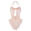 Body sensual y sexy de malla transparente con retazos ajustado, estilo puro deseo, cuello halter con tirantes y lazo, atuendo de una pieza de alta gama