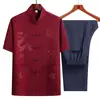 Traje Tang Masculino de Verão com Manga Curta em Seda Gelada para Pessoas de Meia-Idade e Idosos, Roupa de Verão Masculina Hanfu, Roupa Estilo Chinês para Avô, Roupa para Pai