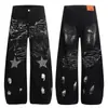 Jeans Anchos de Moda Callejera de Marca Suelta con Estampado de Salpicaduras y Pedrería en Forma de Hoz para Hombres y Mujeres